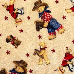 Cotton Flannel Fabric, Cute Cowboy and Indian Teddy Bears Riding on Stick Horses